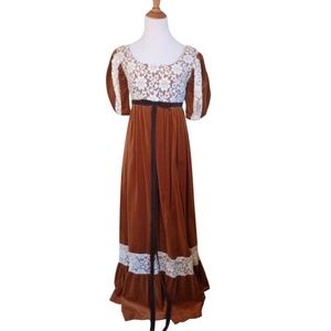 1970s Vintage Lace & Orange Velvet Couriers Dress